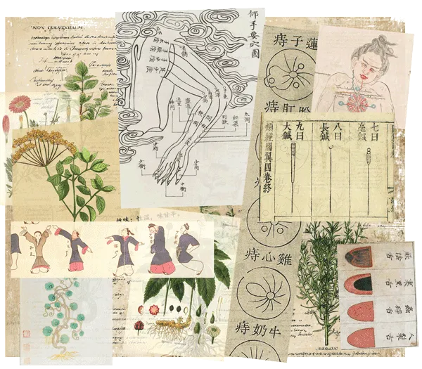 Collage of illustrations of traditional healing tools and techniques