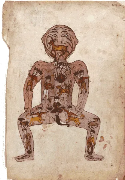 Ancient watercolor drawing called Zodiac Man